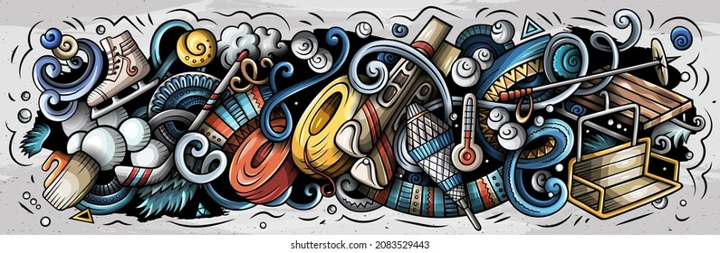 Ski Resort hand drawn cartoon doodles illustration. Winter Sports funny objects and elements poster design. Creative background. Colorful vector banner
