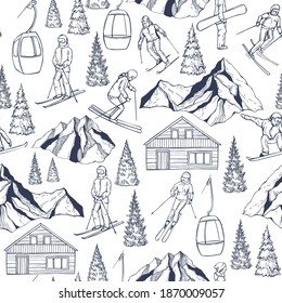 Ski resort. Hand drawn snowboarders and skiers. Chalet in the mountains. Vector seamless pattern.