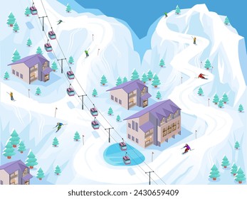 Skigebiet. Hoch gelegenes Bergdorf mit Skilift, Hotelgebäude, Abfahrtsstrecke, Skifahrer. Wunderbarer Ort für einen Winterurlaub. Gesundes Lebenskonzept. Vektorgrafik