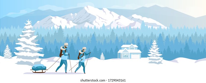 Ski resort holiday flat color vector illustration. Winter vacation. Skiing activity. Snow mountains landscape. 2D cartoon characters with snowy peaks and coniferous forest on background