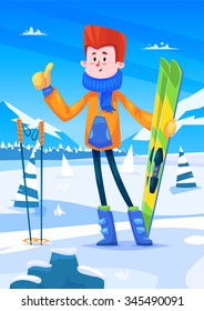 Ski resort holidays. Cute skier character  with skis in his  hands. Snow background with trees. Flat vector stock illustration.