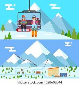Ski resort holidays skier and snowboarder go up mountain funicular flat design vector illustration