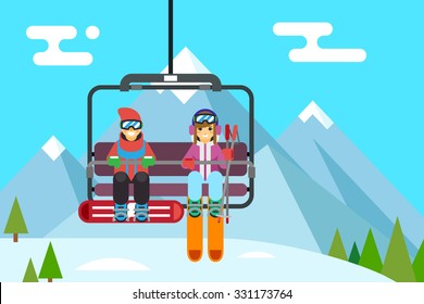 Ski resort holidays skier and snowboarder go up mountain funicular flat design vector illustration