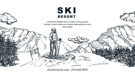 Ski resort horizontal banner design template. Skier on slope vector hand drawn sketch illustration. Winter travel poster background with mountain peaks, hills and pine forest