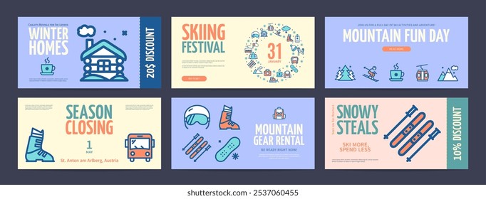 Ski Resort Horizontal Placard Poster Banner Card Template Set with Thin Line Icons. Vector illustration of Skiing Festival