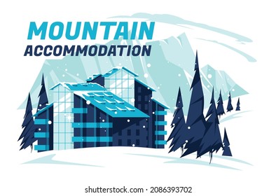 Ski resort with ski hotel and Alps mountain landscape in flat design. Winter holidays in the mountains with snowy slopes, holiday villa.
Vector flat cartoon illustration.
