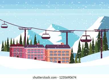ski resort hotel houses buildings cable car chairlift winter snowy mountains fir tree landscape flat vacation poster horizontal