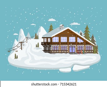 ski resort with hotel with a ski lift, vector illustration flat