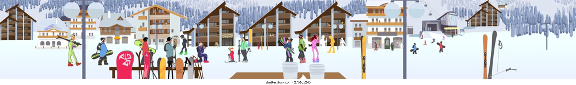 Ski Resort, Hotel And Ski Lifts. Vector