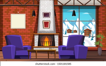 Ski resort hotel room interior vector illustration. Stylish modern furniture near fireplace. Vintage brick walls with wooden decor. Panoramic window with cable car view. Winter holiday destination