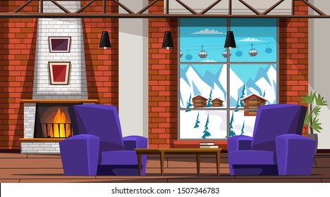 Ski resort hotel room interior vector illustration. Stylish modern furniture near fireplace. Vintage brick walls with wooden decor. Panoramic window with cable car view. Winter holiday destination