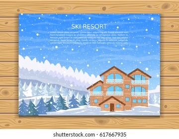 Ski Resort, Hotel, Or Winter Family House For Xmas Holidays On Snowy Landscape With Mountains, Pine Forest And Falling Snow. Vector Illustration In Flat Style For Greeting Card.