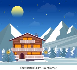 Ski resort, hotel or winter family house for xmas holidays on snowy landscape with mountains and pine forest at night. Vector illustration in flat style for greeting card.