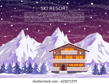 Ski resort, hotel or winter family house for xmas holidays on snowy landscape with mountains, pine forest and falling snow at night. Vector illustration in flat style for greeting card.