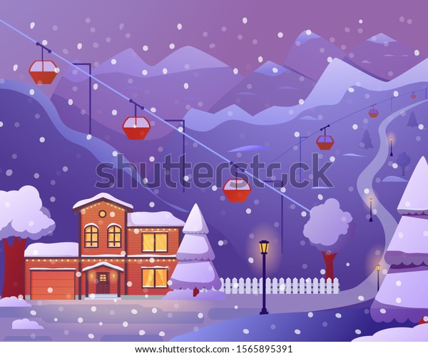 Ski resort with hotel,cableway,. Winter snow\
mountains landscape. Cabins ski lifts for skiers and\
snowboarders.Falling snow, Christmas trees and mountainsides.Flat\
illustration vector.