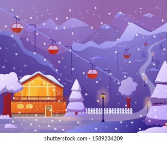 Ski resort with hotel,cableway.Falling snow, Christmas trees and mountainsides.Flat illustration vector.