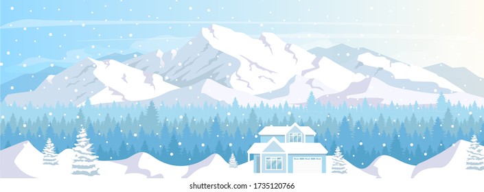 Ski resort house flat color vector illustration. Winter vacation. Lodge in snow mountains landscape. 2D cartoon characters with snowy peaks and coniferous forest on background