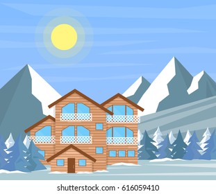 Ski resort house or hotel on snowy landscape with mountains and pine forest. Winter family house for xmas holidays. EPS10 vector illustration in flat style.