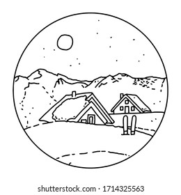 Ski resort huts in cozy snowy mountains in the night. Vector sketch illustration. Black and white badge.