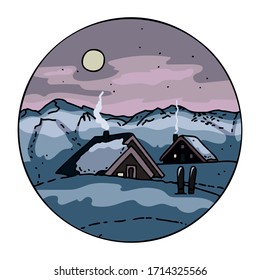 Ski resort huts in cozy snowy mountains in the night. Vector cartoon illustration.  Color badge.