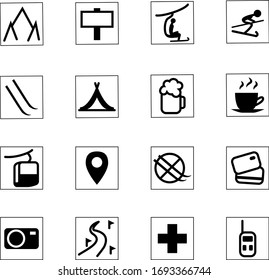 ski resort icon set. black symbols on white