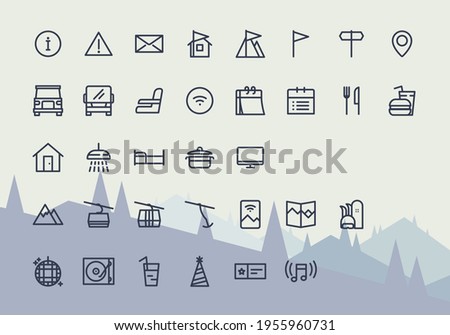Ski resort icon set, hotel and hospitality collection. Outlined symbols related with mountains, tourism, outdoor, snowboarding and skiing, rentals and amenities. Editable strokes vector image.