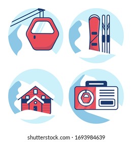 Ski resort icon set. Red cabin lift, Equipment rental, Hotel, mountain shelter, Ski pass. Blue and red winter flat concept.