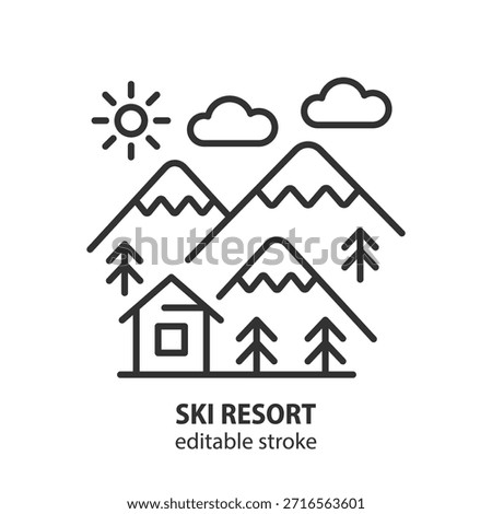 Ski resort icon showing mountains, a house, trees, sun, and clouds. Winter vacation and outdoor activity concept for web. Vector illustration. Editable stroke.