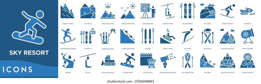 Ski Resort icon. Sky, Snowy Slopes, Ski Trails, Mountain Views, Alpine Adventure and Skiing Lessons