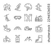 Ski resort icons set. Mountain active entertainment. Snowboarding, skiing, snowmobiling, tubing, linear icon collection. Line with editable stroke