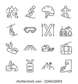 Ski resort icons set. Mountain active entertainment. Snowboarding, skiing, snowmobiling, tubing, linear icon collection. Line with editable stroke