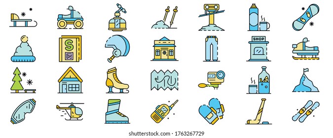 Ski resort icons set. Outline set of ski resort vector icons thin line color flat isolated on white