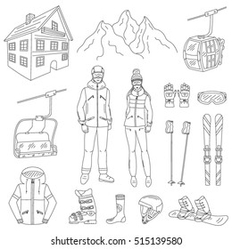 Ski resort icons set. Snowboarder man and woman with  winter sport equipment, isolated on white background, hand drawn vector illustration.