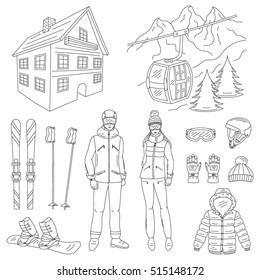 Ski resort icons set. Snowboarder man and woman with  winter sport equipment, isolated on white background, hand drawn vector illustration.