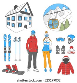 Ski resort icons set, snowboarder man and woman, winter sport equipment  isolated on white background, hand drawn vector illustration.