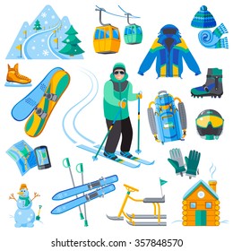 Ski resort icons set with winter sport equipment isolated vector illustration