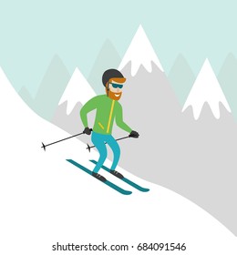Ski resort illustration with skier and mountains. Design for web, tourist catalog, placard, brochure, flyer, booklet etc. Vector illustration.