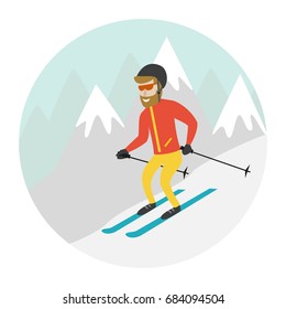 Ski resort illustration with skier and mountains. Design for web, tourist catalog, placard, brochure, flyer, booklet etc. Vector illustration.