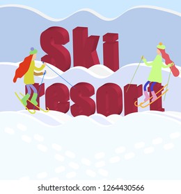 ski resort Inscription , 3D letters and little men on skis sit on letters, winter flat illustration, outdoor recreation, paper art