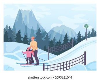 A ski resort instructor training a child to ski. Little skier at safe equipped path. Winter sport family activities. Flat vector illustration