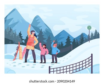 Ski resort instructor training kids to ride a snowboard. Children warming up before riding a snowboard. Little snowboarder at safe equipped path. Winter sport family activities. Vector illustration