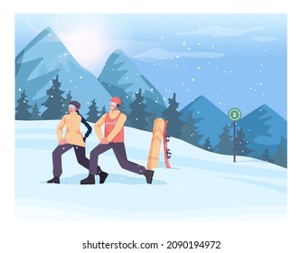 Ski resort instructor training people to ride a snowboard. Characters warming up before riding a snowboard. Winter extreme sport activity. Vector illustration