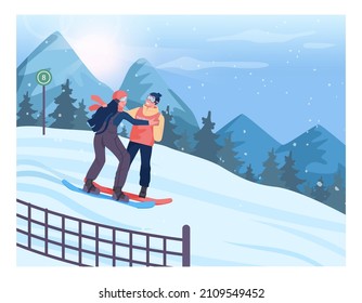 Ski resort instructor training people to ride a snowboard. Instructor helps a snowboarder to slide downhill. Winter extreme sport activity. Vector illustration