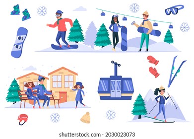 Ski resort isolated elements set. Bundle of people rest in mountains in winter, skiing, snowboarding, funicular, family with child in hotel. Creator kit for vector illustration in flat cartoon design