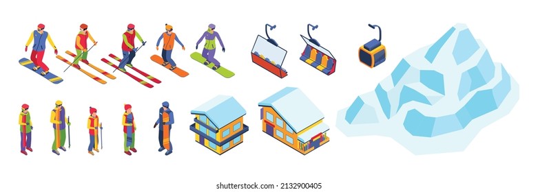 Ski resort isometric color set of people moving down from mountain on skis and snowboards isolated vector illustration