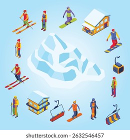 Ski resort isometric color set of people moving down from mountain on skis and snowboards isolated vector illustration high snowboard village equipment frost snowboarding