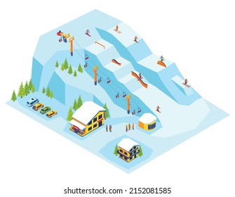 Ski resort isometric composition with car parking near chalet and people skiing in snowy slope with cableway vector illustration