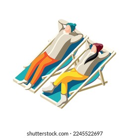 Ski resort isometric icon with man and woman in outwear having rest in lounge chairs 3d vector illustration