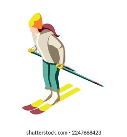Ski resort isometric icon with skiing woman 3d vector illustration