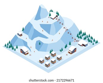 Ski resort isometric illustration of winter landscape with ski lift mountain and guest houses 3d vector illustration